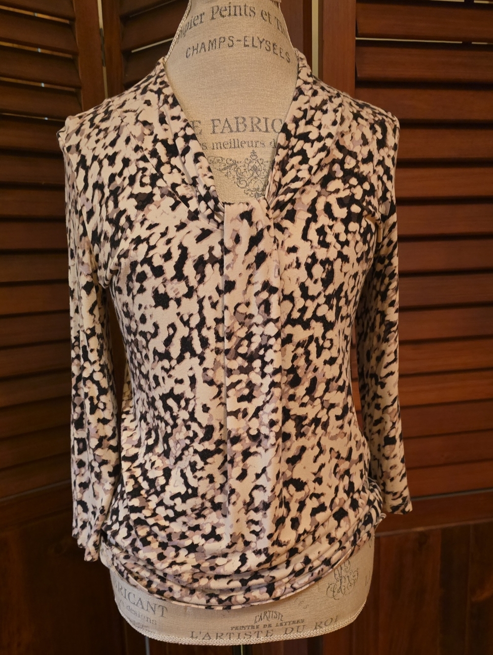 Ann Taylor Cream and Black Animal-Print V-Neck Blouse